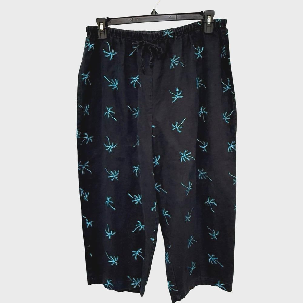 100% Linen Navy Palms Hawaiian Tropical Pull On Crop Wide Leg Pants Women's 16w